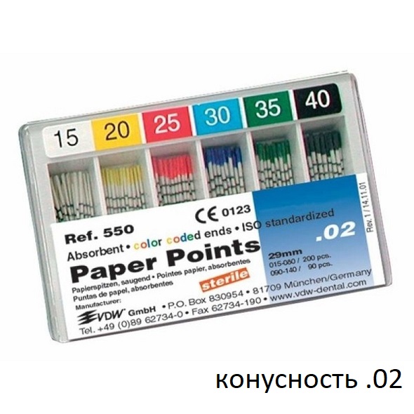 Бумажные штифты, конусность 02, VDW